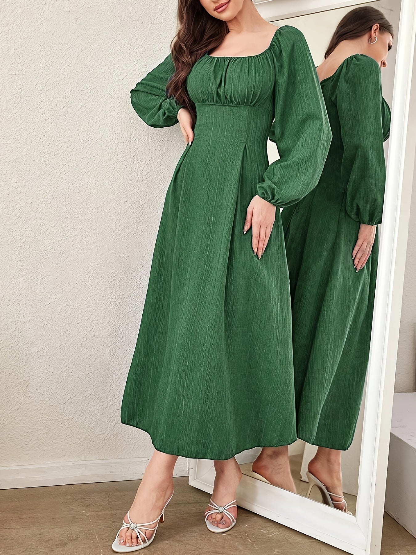 Square Neck Ruched Bust Wide Waistband Bishop Sleeve Crinkle Texture Midi Dress