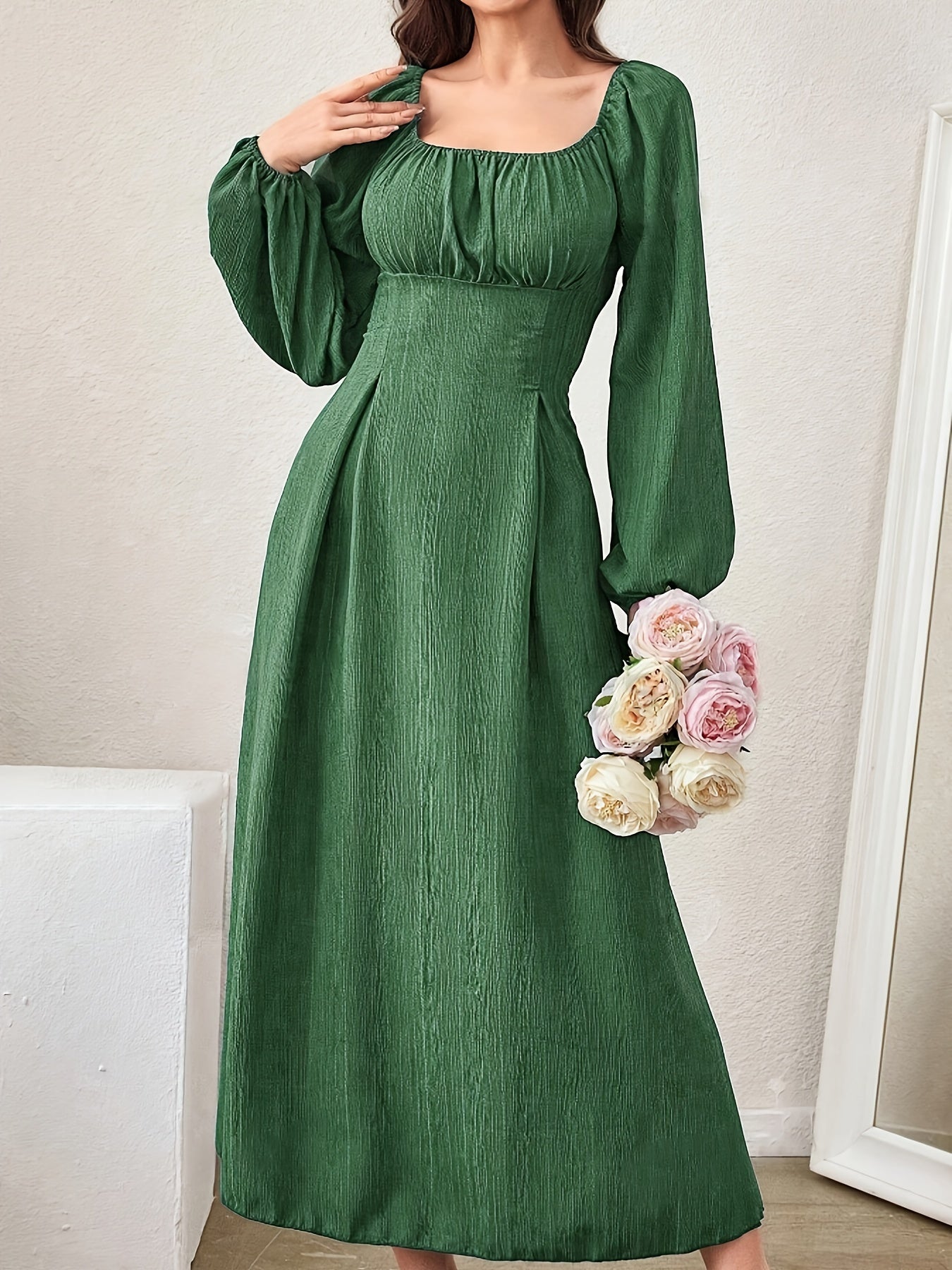 Square Neck Ruched Bust Wide Waistband Bishop Sleeve Crinkle Texture Midi Dress
