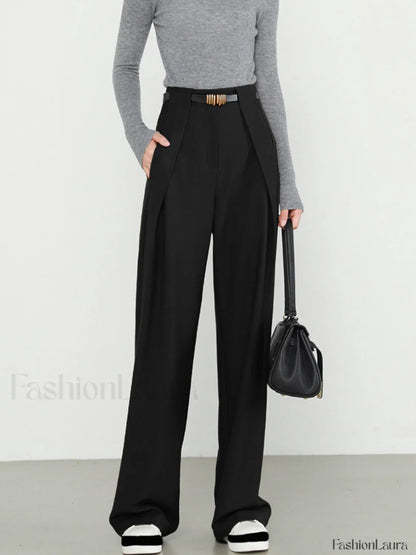 Middle Waist Solid Trendy Pocket Straight Leg Pants