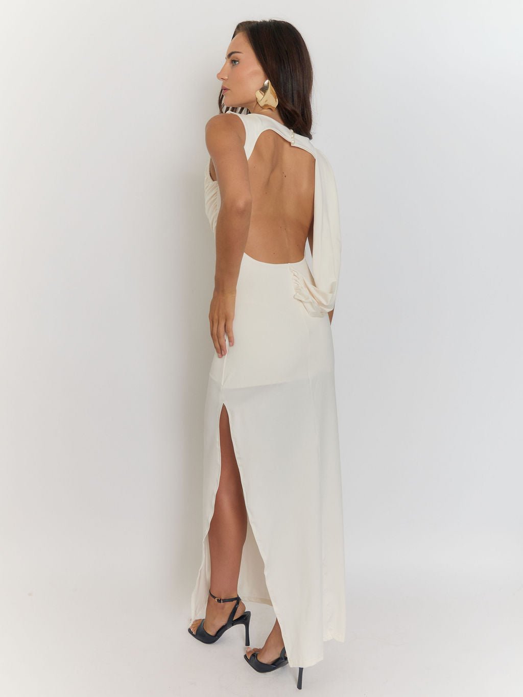 Boat Neck Sleeveless Ruched Draped Thigh Slit Column Maxi Dress