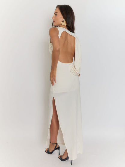 Boat Neck Sleeveless Ruched Draped Thigh Slit Column Maxi Dress