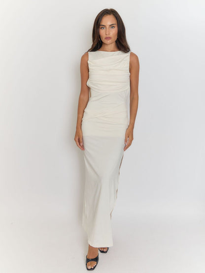 Boat Neck Sleeveless Ruched Draped Thigh Slit Column Maxi Dress