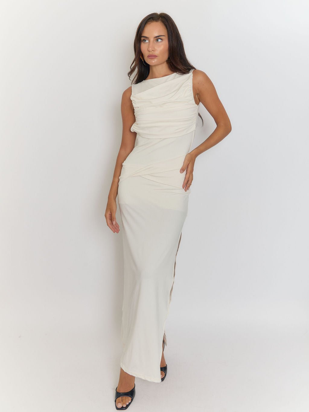 Boat Neck Sleeveless Ruched Draped Thigh Slit Column Maxi Dress
