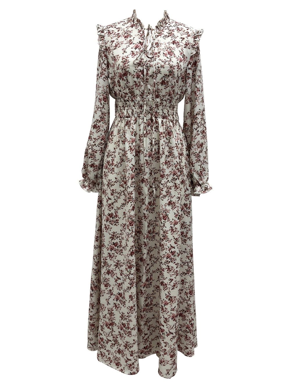 Ditsy Floral Print Ruffle Neck Tie-Front Smocked Waist Long Sleeve Maxi Dress