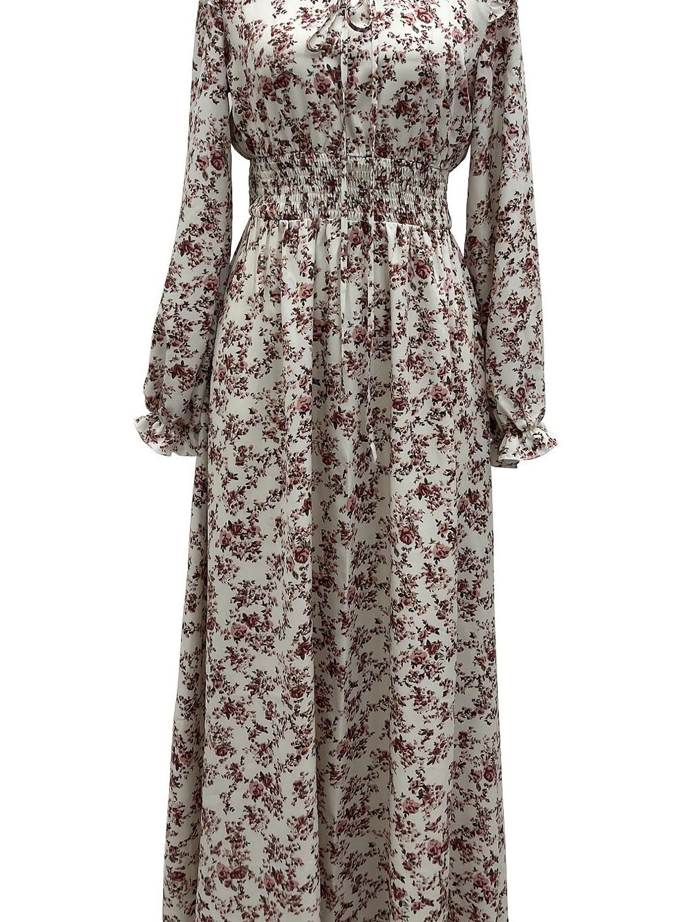 Ditsy Floral Print Ruffle Neck Tie-Front Smocked Waist Long Sleeve Maxi Dress