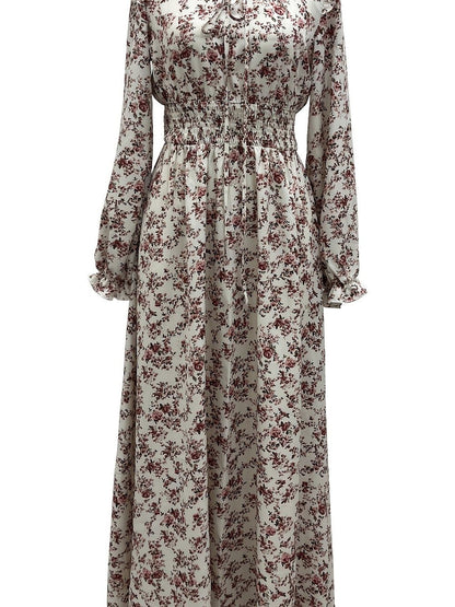 Ditsy Floral Print Ruffle Neck Tie-Front Smocked Waist Long Sleeve Maxi Dress