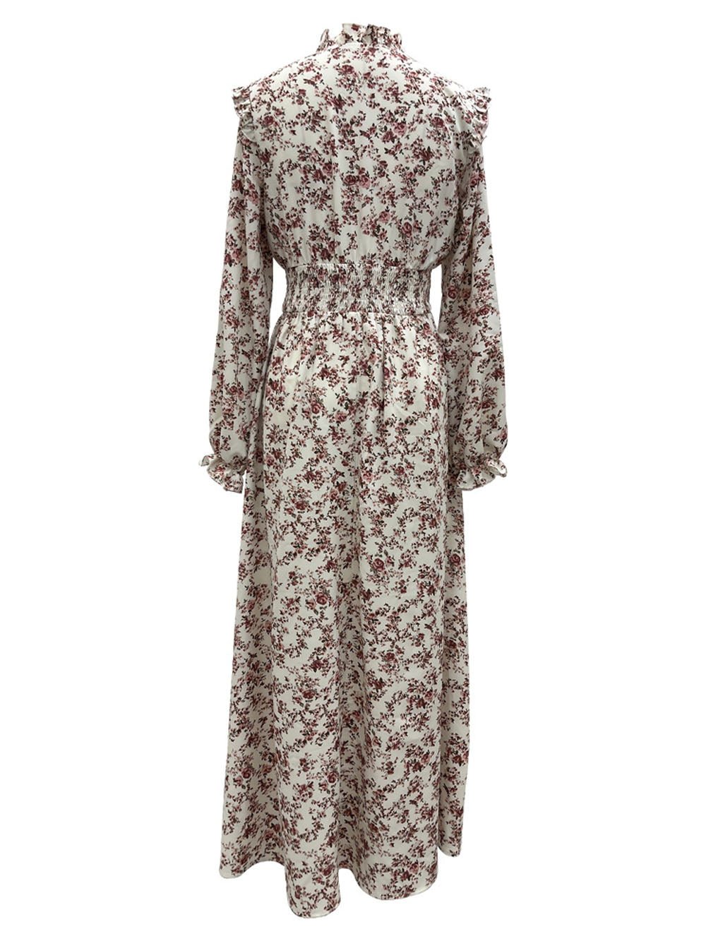Ditsy Floral Print Ruffle Neck Tie-Front Smocked Waist Long Sleeve Maxi Dress