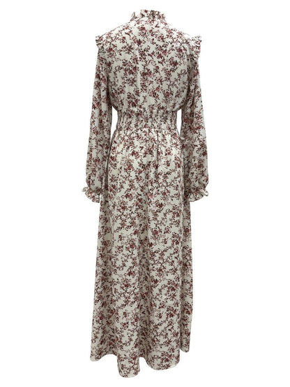 Ditsy Floral Print Ruffle Neck Tie-Front Smocked Waist Long Sleeve Maxi Dress