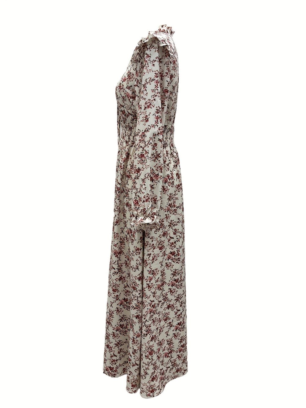 Ditsy Floral Print Ruffle Neck Tie-Front Smocked Waist Long Sleeve Maxi Dress