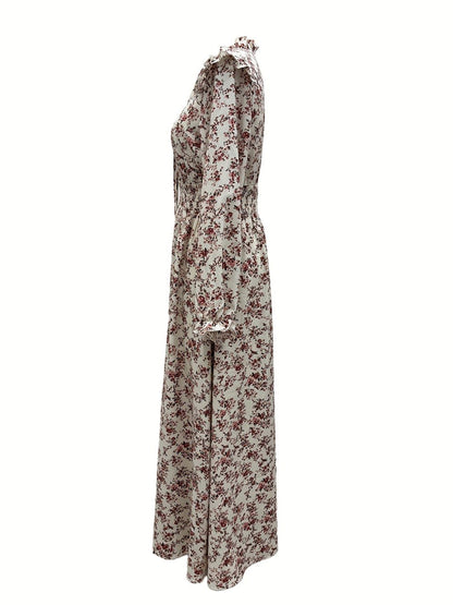 Ditsy Floral Print Ruffle Neck Tie-Front Smocked Waist Long Sleeve Maxi Dress