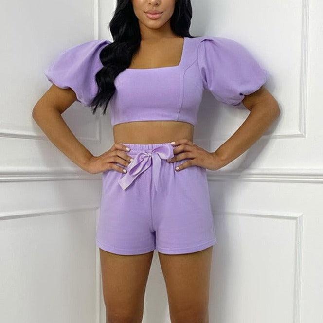 KittenAlarm - Millie Puff Sleeve Crop Top & Mini Shorts Set