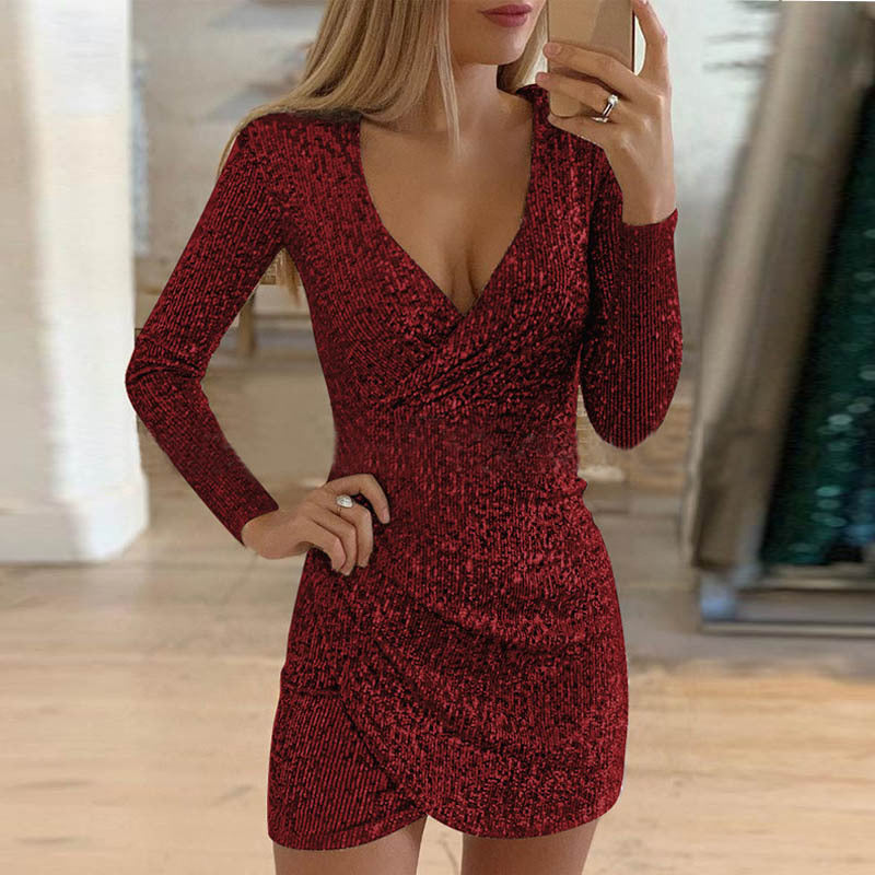 Glitter Sequin Deep V-Neck Wrap Tulip Hem Long Sleeve Mini Dress