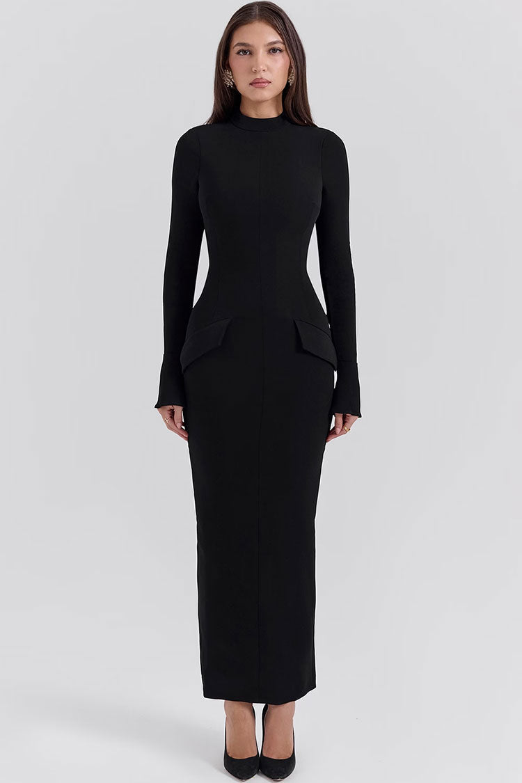 Mock Neck Long Sleeve Hip Flap Trim Center Seam Bodycon Maxi Dress