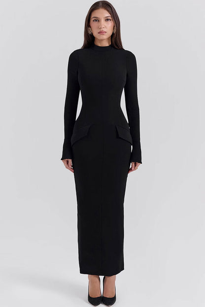 Mock Neck Long Sleeve Hip Flap Trim Center Seam Bodycon Maxi Dress