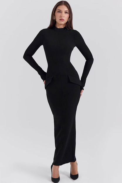 Mock Neck Long Sleeve Hip Flap Trim Center Seam Bodycon Maxi Dress