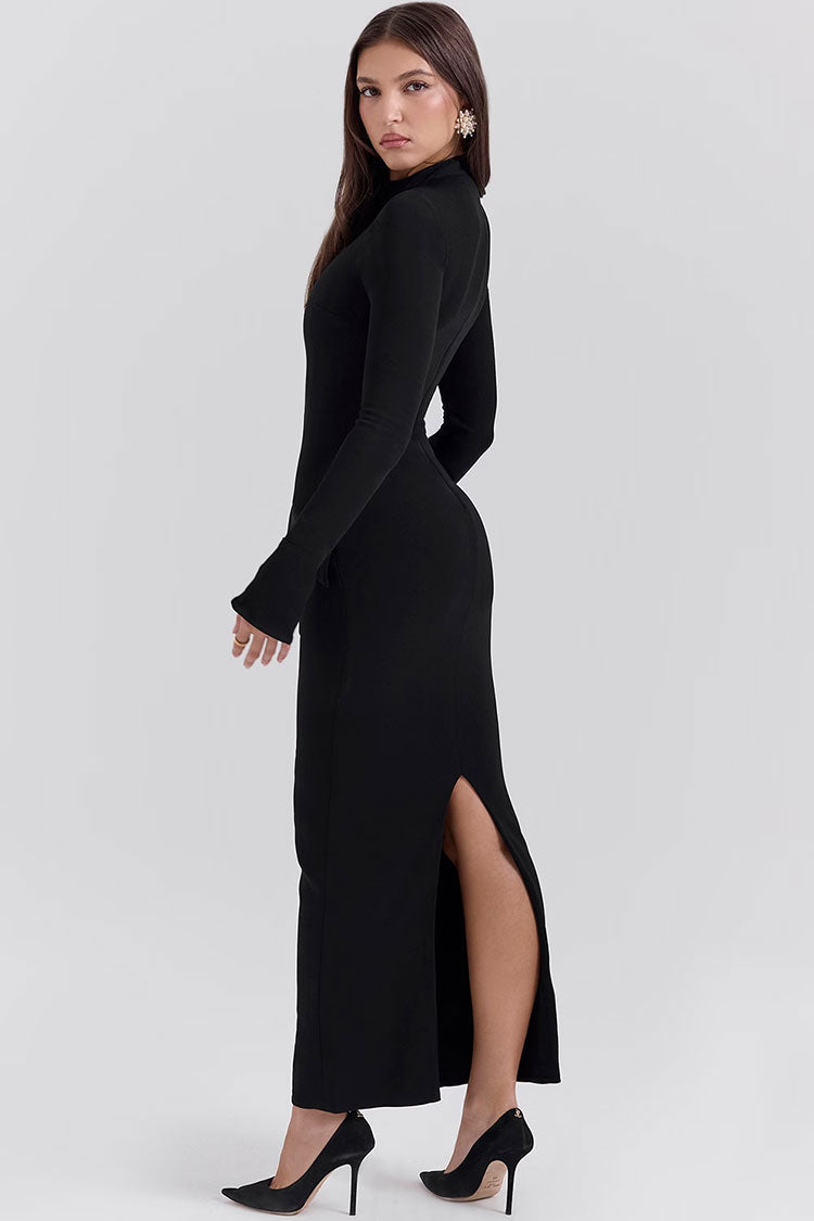 Mock Neck Long Sleeve Hip Flap Trim Center Seam Bodycon Maxi Dress