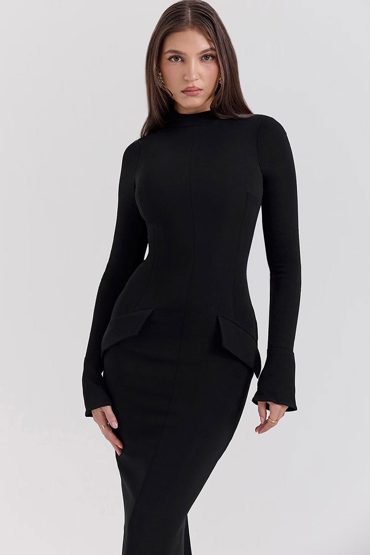 Mock Neck Long Sleeve Hip Flap Trim Center Seam Bodycon Maxi Dress