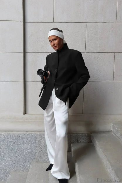 Minimalist White V-Neck Elegant Relaxed Coat