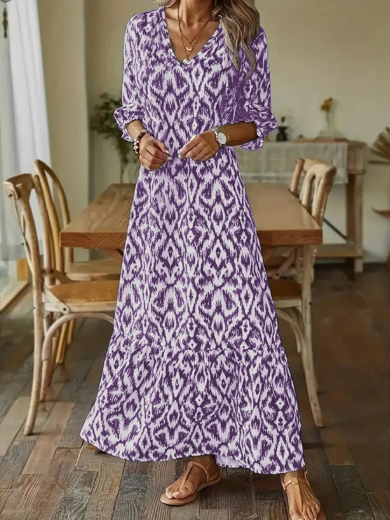 Notched Collar Puff Sleeve Ikat Diamond Print Tiered Hem Maxi Dress