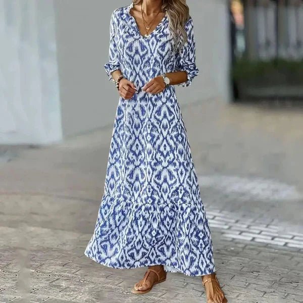 Notched Collar Puff Sleeve Ikat Diamond Print Tiered Hem Maxi Dress