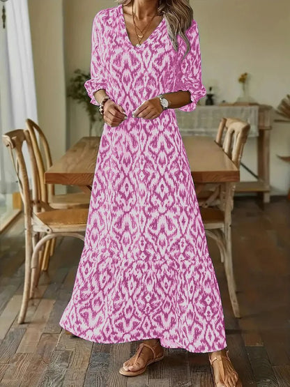 Notched Collar Puff Sleeve Ikat Diamond Print Tiered Hem Maxi Dress
