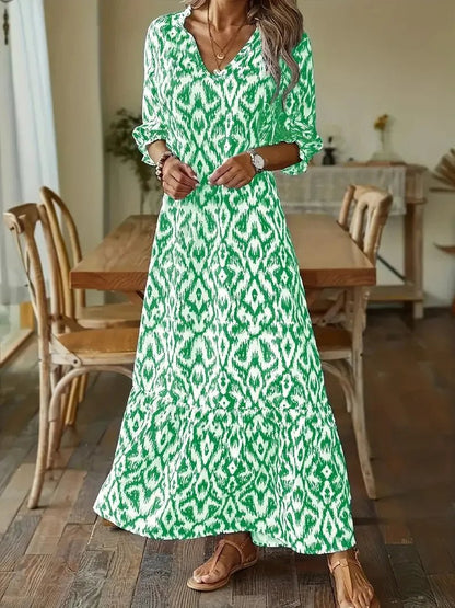 Notched Collar Puff Sleeve Ikat Diamond Print Tiered Hem Maxi Dress