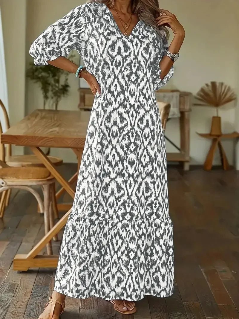 Notched Collar Puff Sleeve Ikat Diamond Print Tiered Hem Maxi Dress