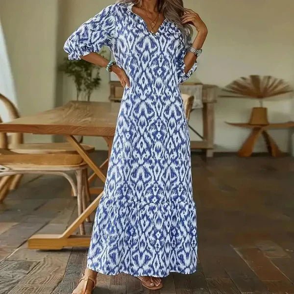 Notched Collar Puff Sleeve Ikat Diamond Print Tiered Hem Maxi Dress