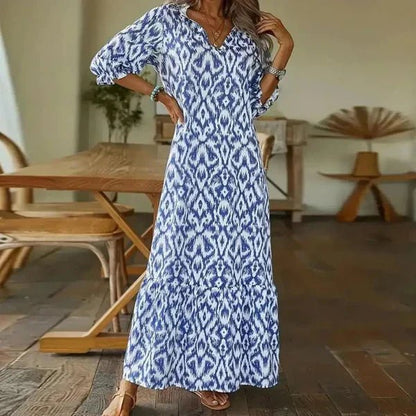 Notched Collar Puff Sleeve Ikat Diamond Print Tiered Hem Maxi Dress