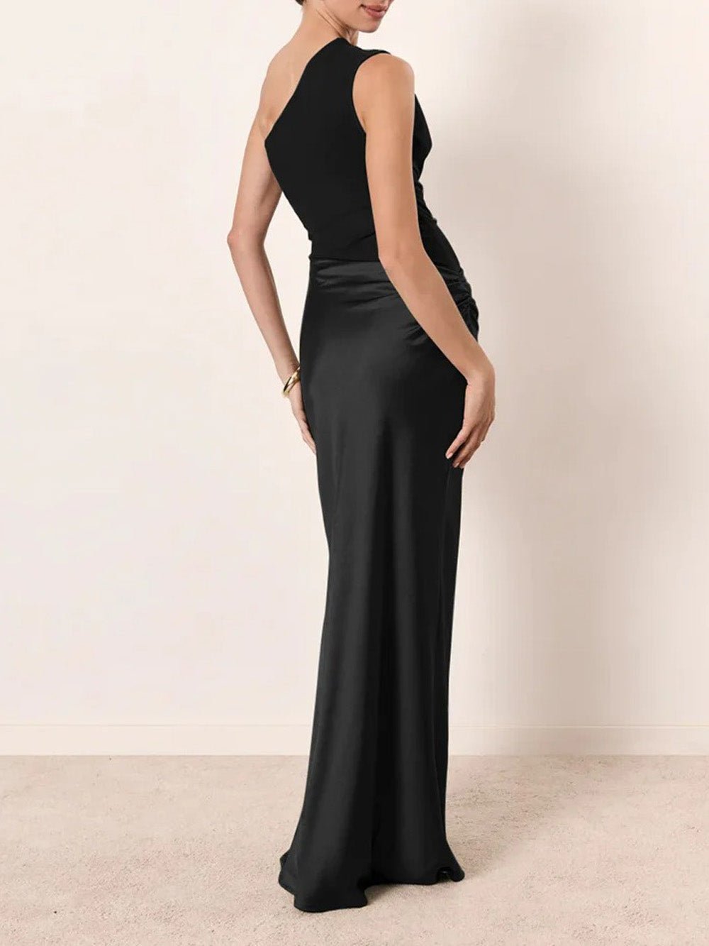One-Shoulder Asymmetric Waist Draped Satin Column Maxi Gown