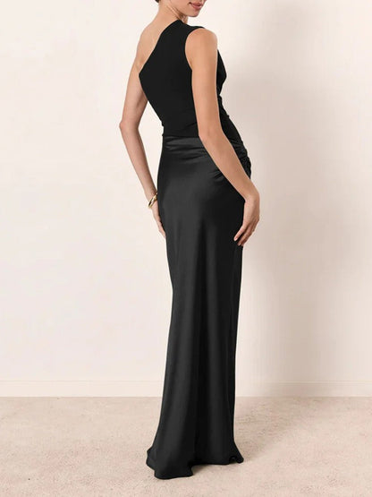 One-Shoulder Asymmetric Waist Draped Satin Column Maxi Gown