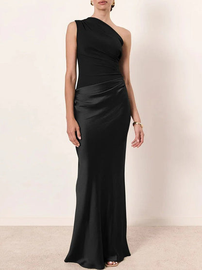 One-Shoulder Asymmetric Waist Draped Satin Column Maxi Gown