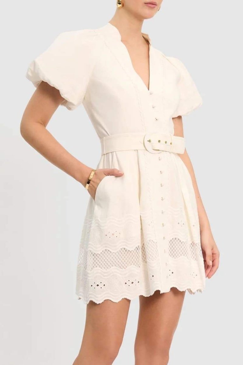 Mandarin Collar Puff Sleeve Button Front Eyelet Embroidered Belted Mini Dress