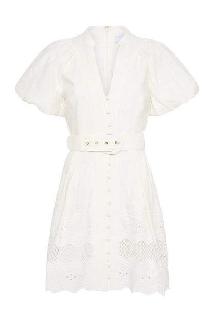 Mandarin Collar Puff Sleeve Button Front Eyelet Embroidered Belted Mini Dress