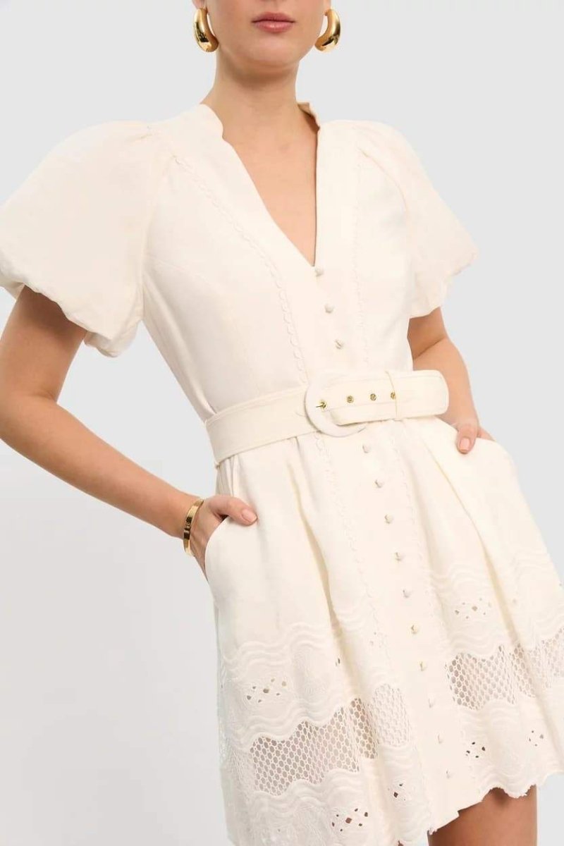 Mandarin Collar Puff Sleeve Button Front Eyelet Embroidered Belted Mini Dress