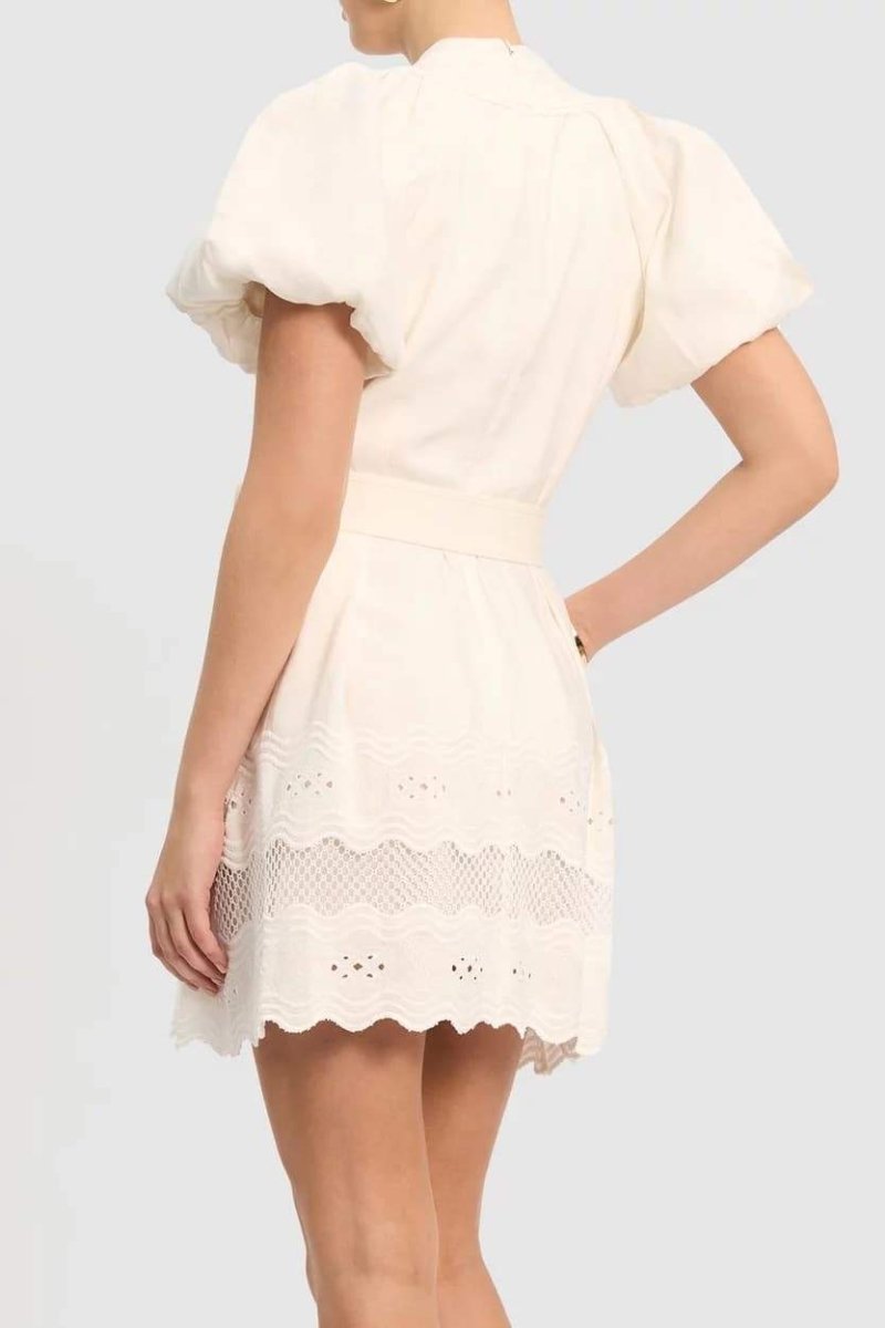 Mandarin Collar Puff Sleeve Button Front Eyelet Embroidered Belted Mini Dress