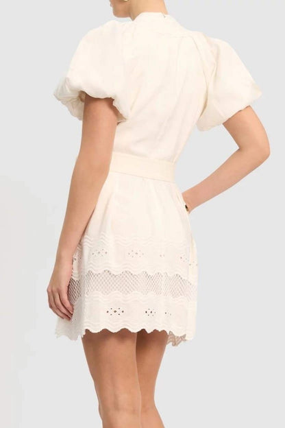 Mandarin Collar Puff Sleeve Button Front Eyelet Embroidered Belted Mini Dress