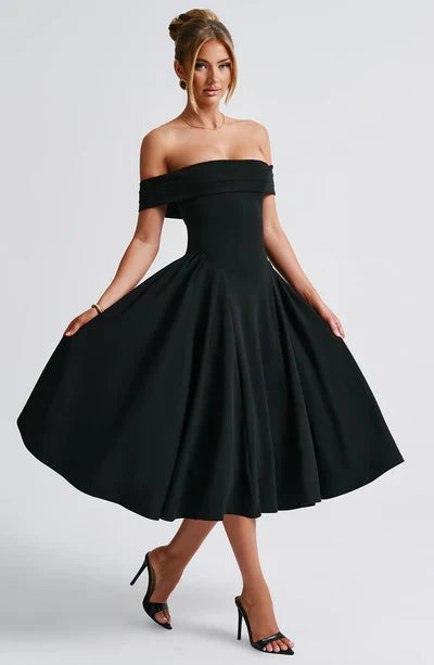 Off-Shoulder Pleated Hip Flare Fit and Flare Midi Dress