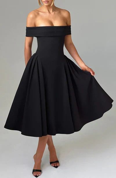 Off-Shoulder Pleated Hip Flare Fit and Flare Midi Dress