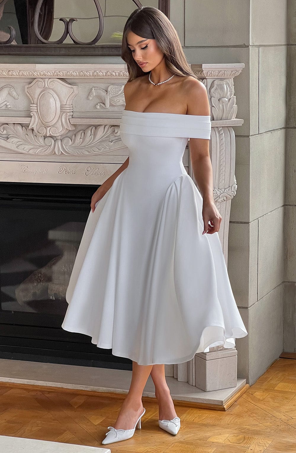 Off-Shoulder Pleated Hip Flare Fit and Flare Midi Dress