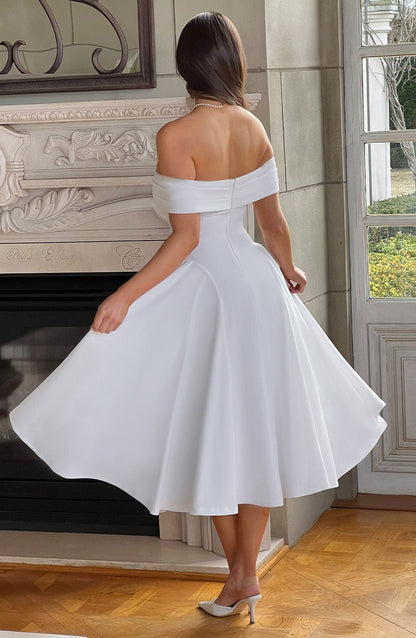 Off-Shoulder Pleated Hip Flare Fit and Flare Midi Dress