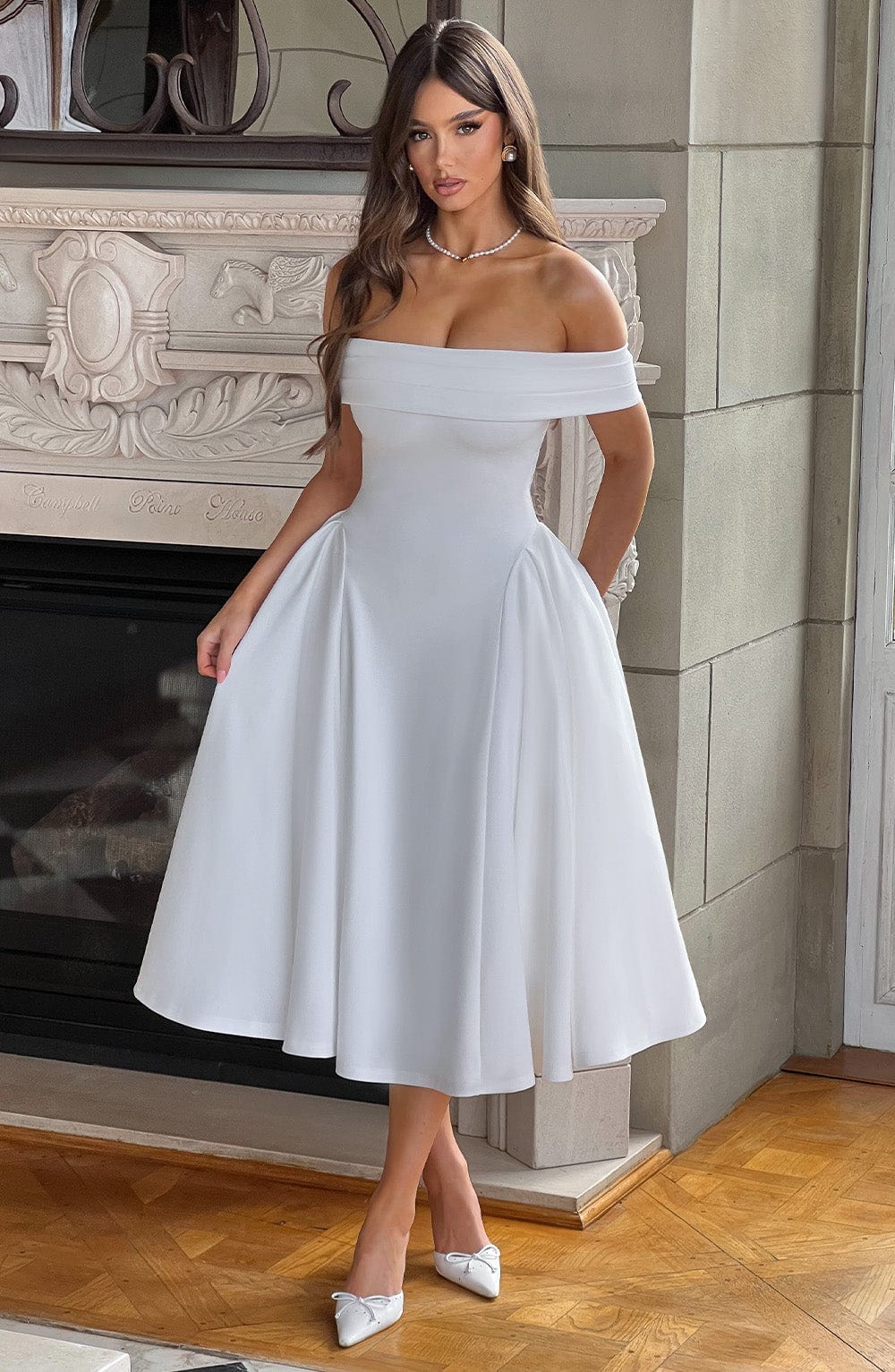 Off-Shoulder Pleated Hip Flare Fit and Flare Midi Dress
