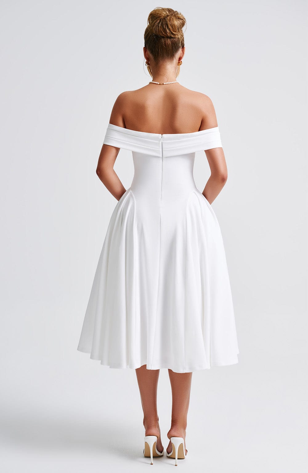 Off-Shoulder Pleated Hip Flare Fit and Flare Midi Dress