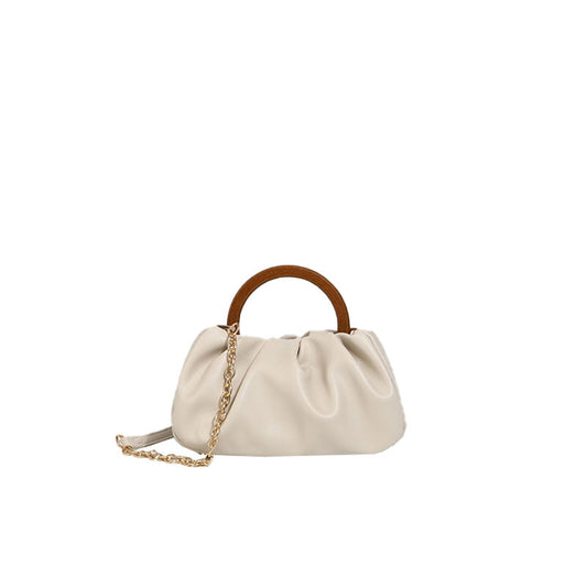 Beige Scrunch Trim Leather Tote Bag with Modern Loop Top