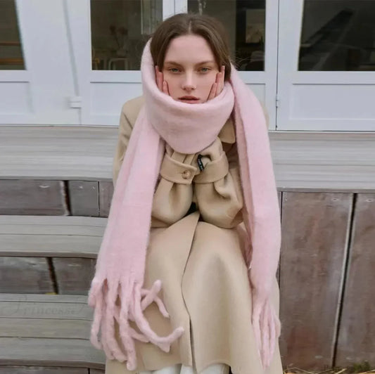 Mohair Winter Scarf - Solid Color, Thickened Wool, Fringed