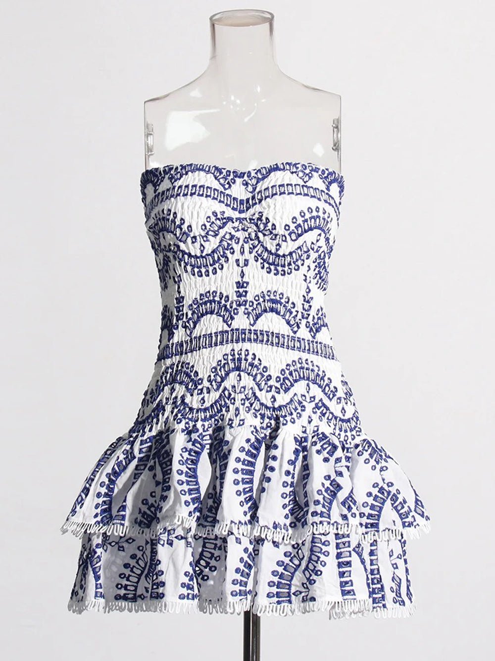 Eyelet Lace Strapless Smocked Tiered Ruffle Mini Dress