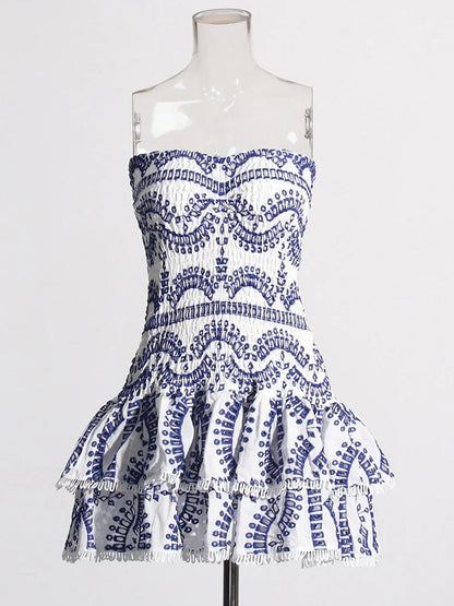 Eyelet Lace Strapless Smocked Tiered Ruffle Mini Dress