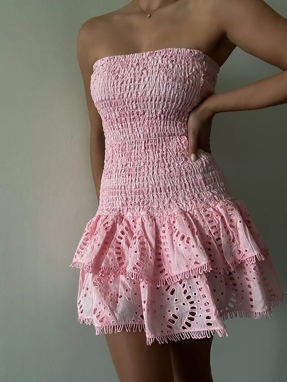 Eyelet Lace Strapless Smocked Tiered Ruffle Mini Dress