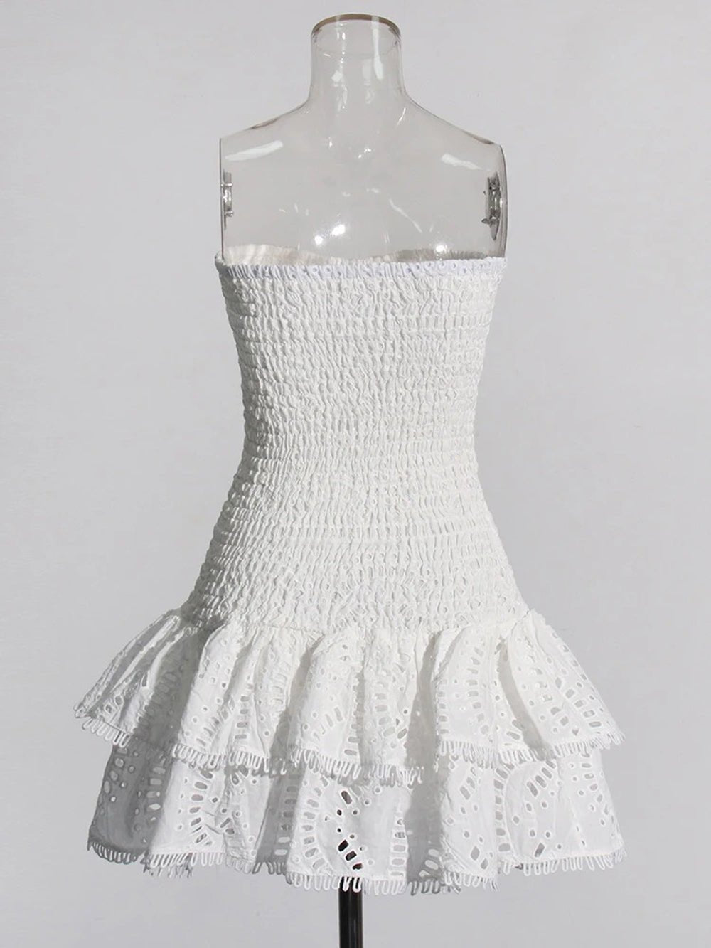 Eyelet Lace Strapless Smocked Tiered Ruffle Mini Dress