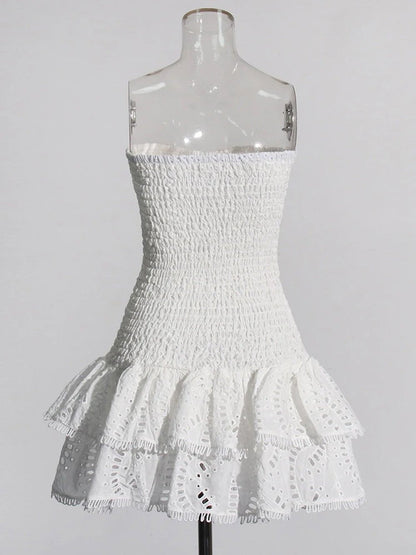 Eyelet Lace Strapless Smocked Tiered Ruffle Mini Dress